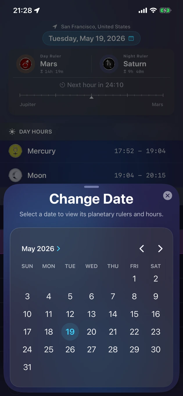 Pick a date and see its planetary rulers and hours.
